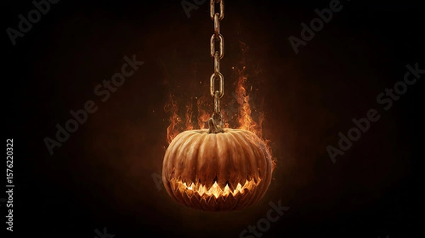 Fototapeta A chilling blend of fear and horror unfolds as sinister pumpkins glow in the darkness. The festive spirit of Halloween creeps in — October is near, and it's time to be afraid.