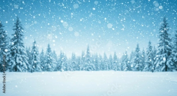 Fototapeta Snow Falling in Winter Landscape with Evergreen Trees