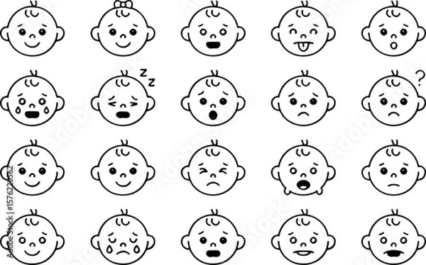 Fototapeta Collection of cute baby faces expressing various emotions in simple line art style