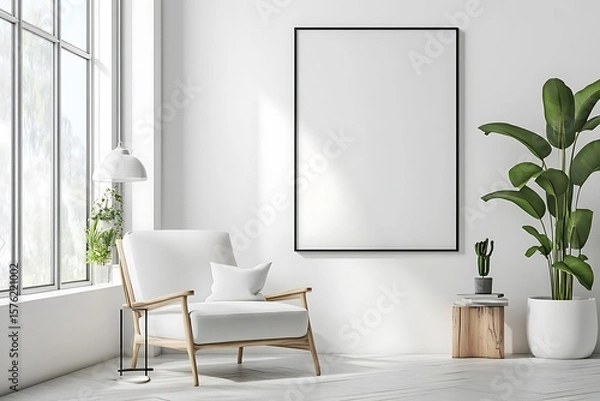 Fototapeta A bright and airy living room features a white armchair, a large blank poster, and a potted plant