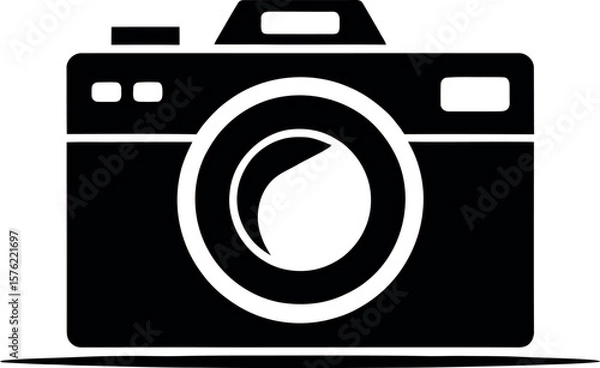 Fototapeta Simple black and white icon of a modern digital camera with a lens