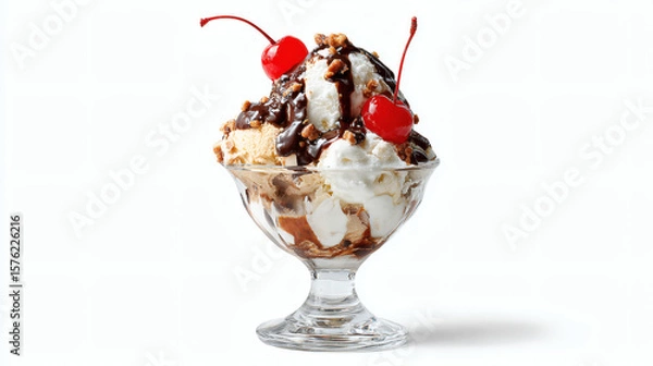 Fototapeta Indulge in a delightful ice cream sundae with cherries and chocolate sauce.