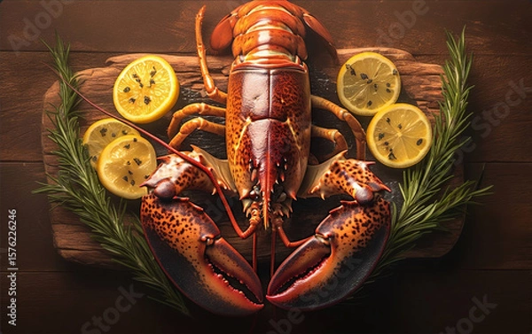 Fototapeta Luxury restaurant menu: Award-winning top view red lobster on wood with lemon herbs, dark brown studio copy space