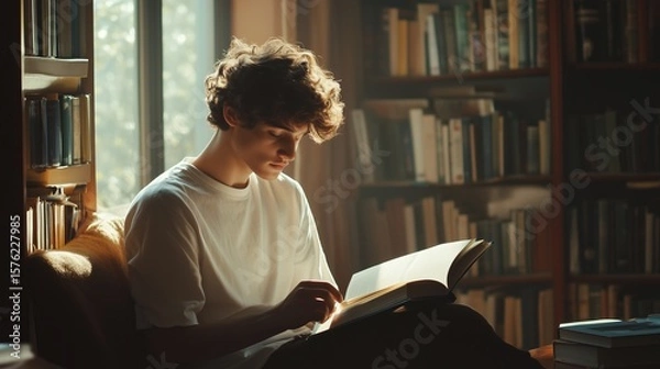Fototapeta A young man with curly hair, reading a book in a cozy library with wooden shelves filled with books. Soft light from the window illuminates his white shirt and open book
