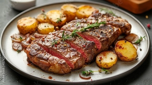 Fototapeta Juicy beef clipping with an appetizing fry, cut into portioned pieces, decorated with fresh twigs of rosemary. Nearby fried golden potato slices with crunching crust