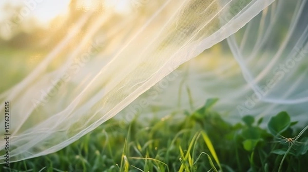 Fototapeta A light white fabric resembling a veil streams gently against the background of green grass, illuminated by warm sunset light.