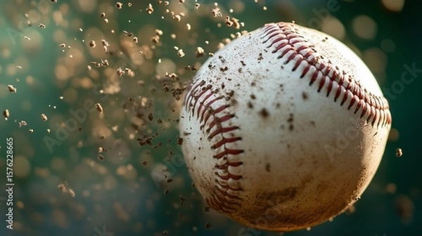 Fototapeta The close -up of the baseball ball in motion covered with dust and dirt, with red seams that stand out on the white surface. Around the ball, particles of the Earth are scattered