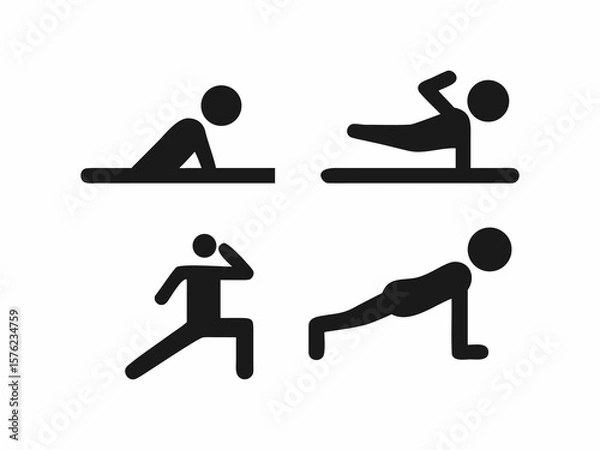 Fototapeta Simple black and white stick figure icons depicting various exercise poses.Circuit Training Icons. Solid, filled icons set of full-body circuit training: push-up, squat, jumping jack,