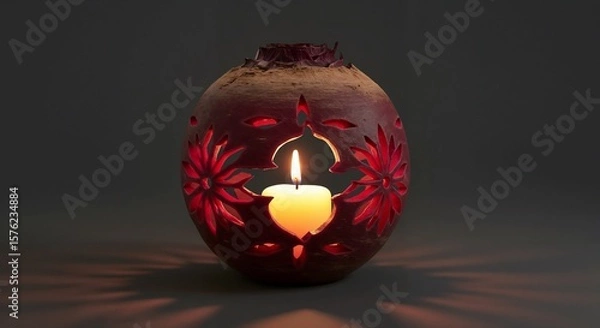 Fototapeta A beet lantern with a floral design illuminating a dark background as a symbol of St. Martin's Day 