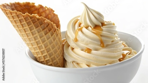 Fototapeta Swirl Ice Cream with Waffle Cone and Caramel Drizzle in Bowl,Dessert ,Sweet Treat