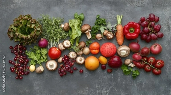 Obraz Vegan diet with a high content of dietary fiber and strengthens the immune system: fresh vegetables, fruits, nuts, mushrooms and berries. On a gray stone background. Top view