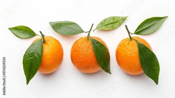 Fototapeta Three Fresh Tangerines with Green Leaves on White, Citrus , Fruit