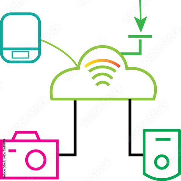 Obraz Wireless Communication Concept with Multiple Devices Connected via Wi-Fi – PNG Illustration of Network Connectivity and Internet Sharing on Transparent Background for Technology,
