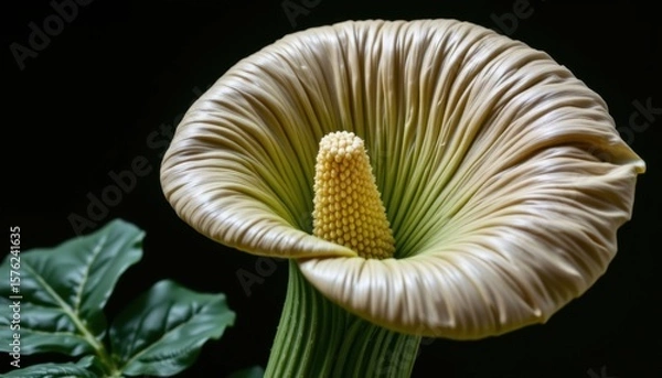 Fototapeta Close-up of a beautiful elegant beige anthurium flower with lush green leaves and a dark background, showcasing detailed petals and reproductive structures for botanical and floral design use