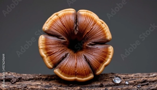 Fototapeta Close-up of a Brown Mushroom with a Curled Cap Growing on a Tree Log with Water Droplet on Surface against Gray Background