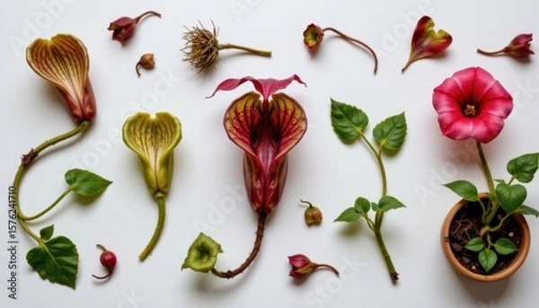 Fototapeta Assorted variety of colorful tropical flowers including hibiscus and calla lily arranged on a white background with leaves and buds for decorative floral composition