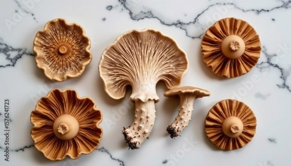 Fototapeta Assorted edible wild mushrooms with varied shapes and sizes, including gilled and cap varieties, arranged on a white marble surface for culinary or decorative purposes