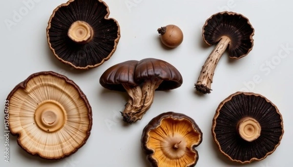 Fototapeta Assorted fresh and dried mushrooms including shiitake and wood ear varieties arranged on a plain background with detailed textures and natural tones