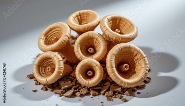 Fototapeta Assorted edible brown mushrooms with detailed gills and stems arranged on a white surface creating natural shadow and highlighting their textures