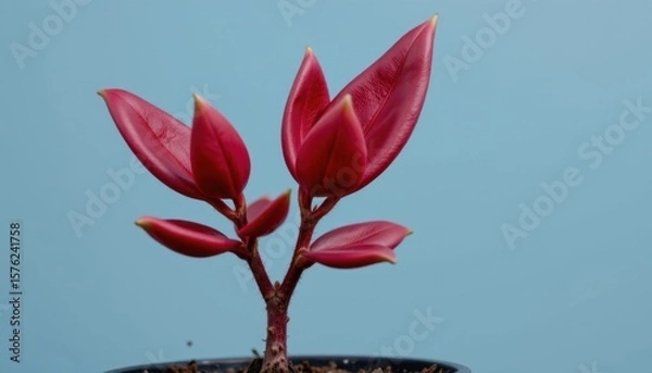 Fototapeta Vibrant Red Plant with Multiple Buds Growing in Soft Light Against Light Blue Background in Close-Up Shot of a Beautiful Succulent or Flowe Houseplant