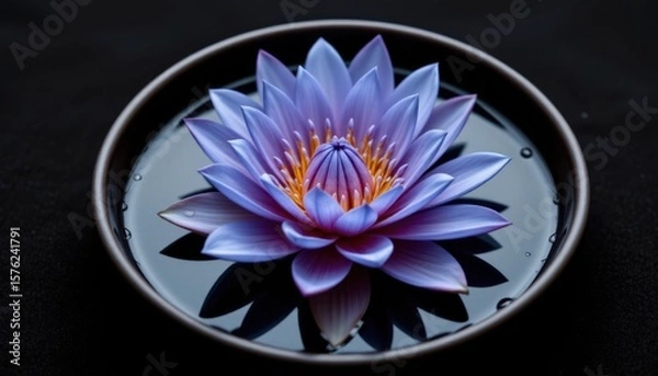 Fototapeta Vibrant purple water lily floating on dark water with reflections and intricate petal details, symbolizing serenity, beauty, and nature's elegance in a tranquil pond scene