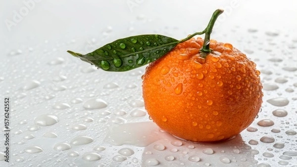 Fototapeta Wet Clementine Close-up Fresh Fruit with Leaf and Water Droplets on a White Surface ,Clementine, Citrus
