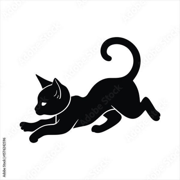 Obraz Black cat silhouette stretching and playing on white background animal feline