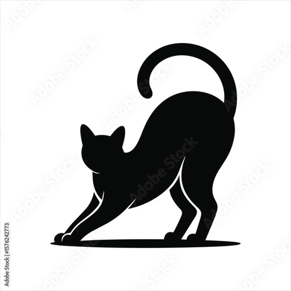 Obraz Black cat silhouette stretching with curved tail on white background yoga