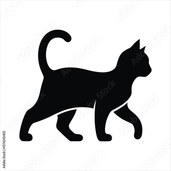 Obraz Black cat silhouette walking profile view on white background feline animal