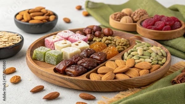 Fototapeta Wooden Platter of Middle Eastern Sweets and Nuts Almonds, Dates and Colorful Delights, turkish delight, nuts
