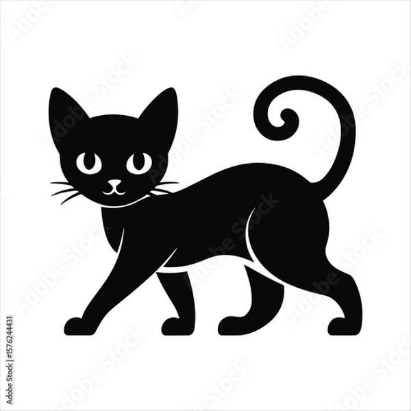 Obraz Black cat silhouette walking with curly tail and wide eyes animal
