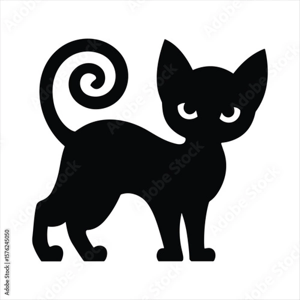 Obraz Black cat silhouette with curled tail and green eyes on white background animal