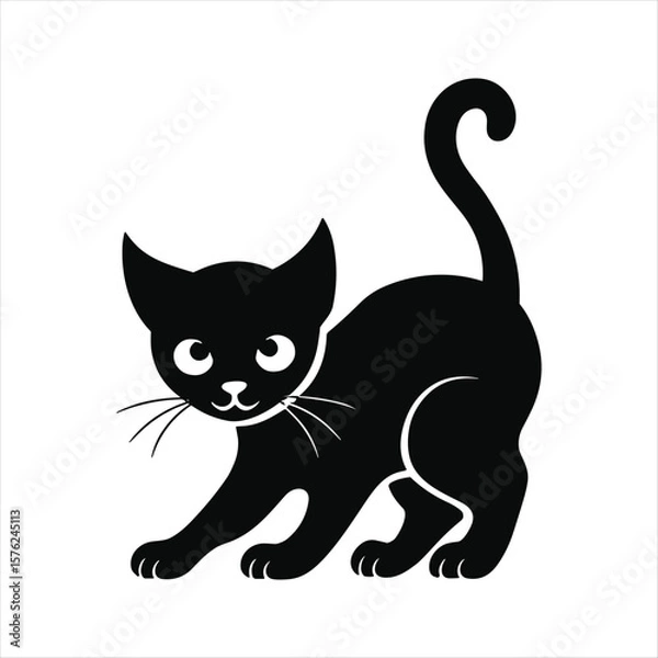 Obraz Black cat silhouette with curved tail and playful stance animal