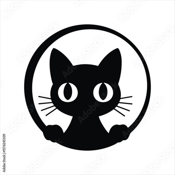 Obraz Black cat silhouette with large white eyes peeking from behind a circle round