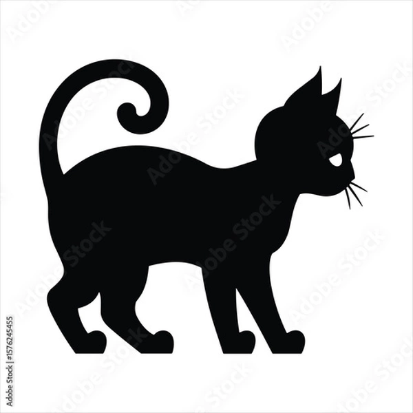 Obraz Black cat silhouette with curled tail and alert ears on white background animal