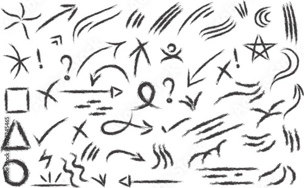 Fototapeta Hand Drawn Brush Stroke Arrows, Scribbles, and Symbols Set. Grunge Sketchy Doodle Lines, Shapes, Icons Isolated on White Background