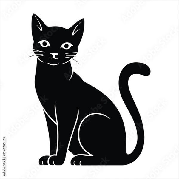 Obraz Black cat sitting elegantly with tail curled on white background silhouette animal