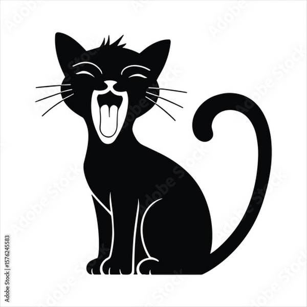 Obraz Black cat silhouette yawning widely with eyes closed and tail curled stretching