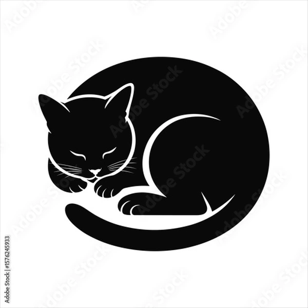 Obraz Black cat sleeping curled up in a circle silhouette animal