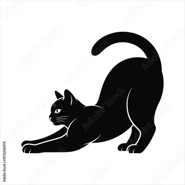 Obraz Black cat stretching on white background silhouette yoga