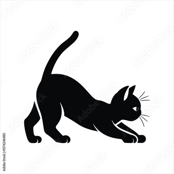 Obraz Black cat stretching and playing in silhouette on white background vector