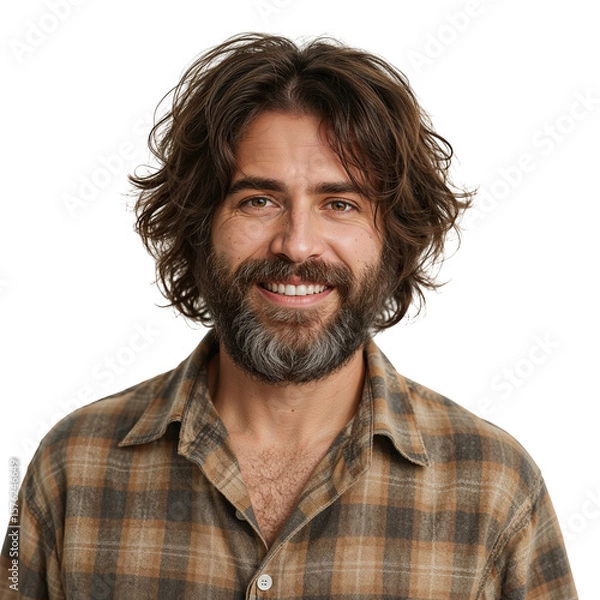 Fototapeta Happy bearded man smiling confidently, looking at camera on an isolated transparent background.
