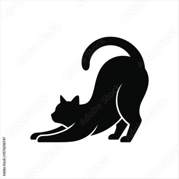 Obraz Black cat stretching silhouette on white background feline animal