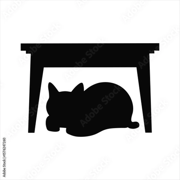 Obraz Black silhouette of a cat lying under a table on white background feline animal