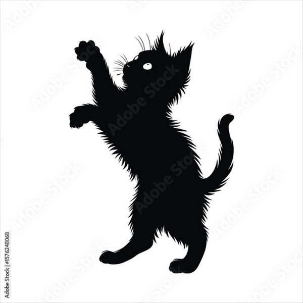 Obraz Black silhouette of a playful kitten reaching up with its paw white background