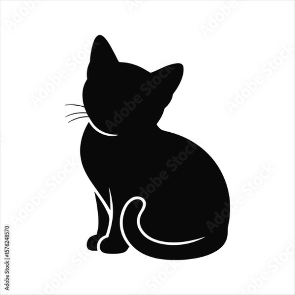 Obraz Black silhouette of a sitting cat with white whiskers and outline details vector