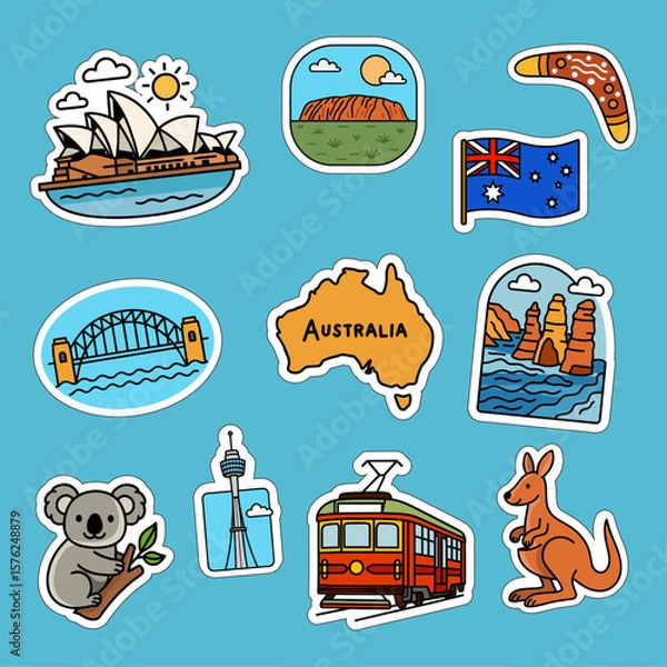 Obraz Cartoon icons of Australia landmarks, animals and culture on blue background, travel design set