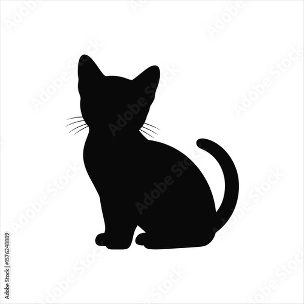 Obraz Black silhouette of a sitting kitten with whiskers on a white background vector