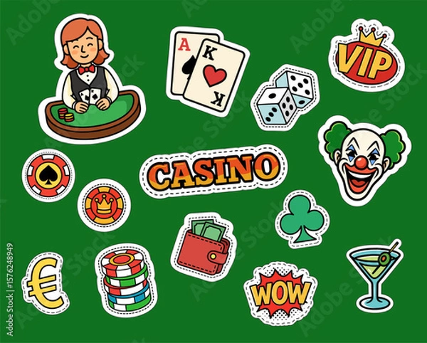 Obraz Color cartoon icons of casino theme: cards and chips, dice, dealer and clown, money, VIP, wow text