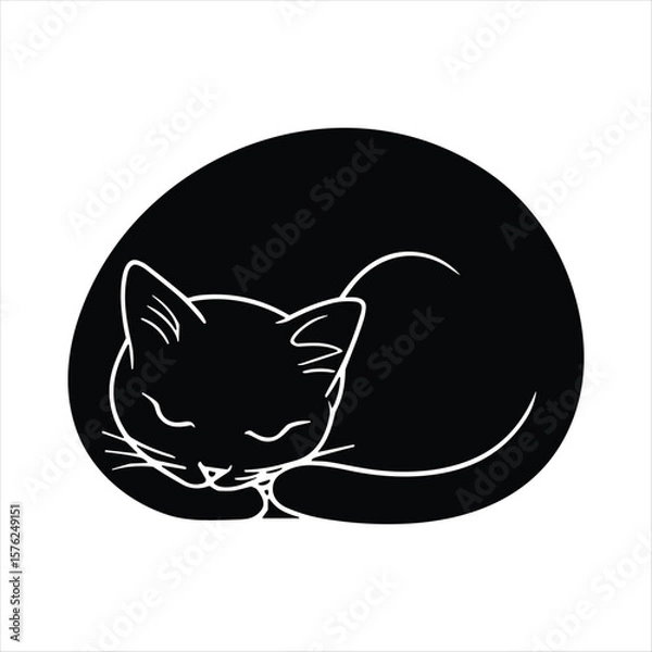 Obraz Black silhouette of a sleeping cat curled up on a white background vector 1